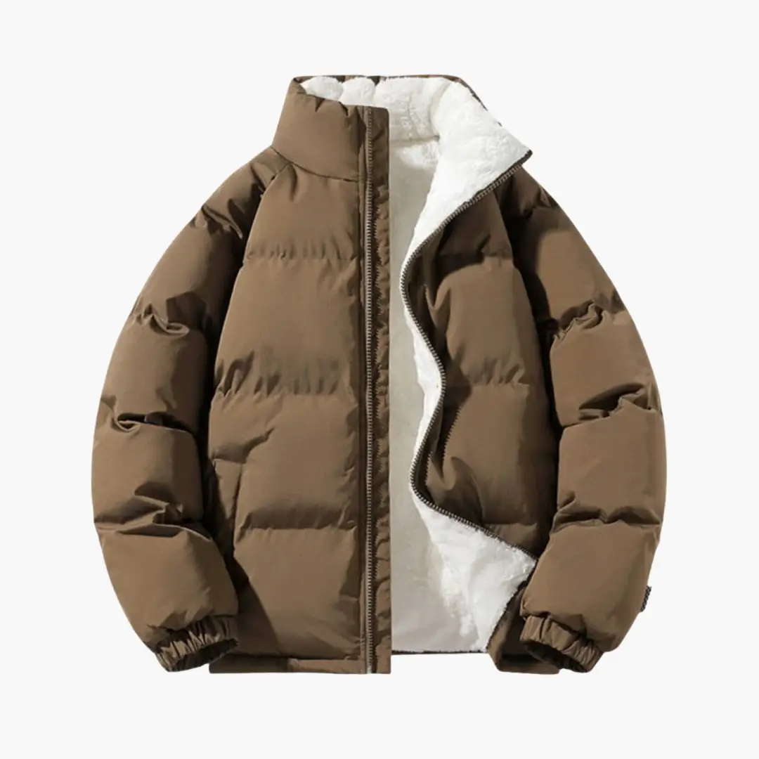 Men’s Quilted Jacket with Zipper and Lining, brown puffer with white sherpa lining
