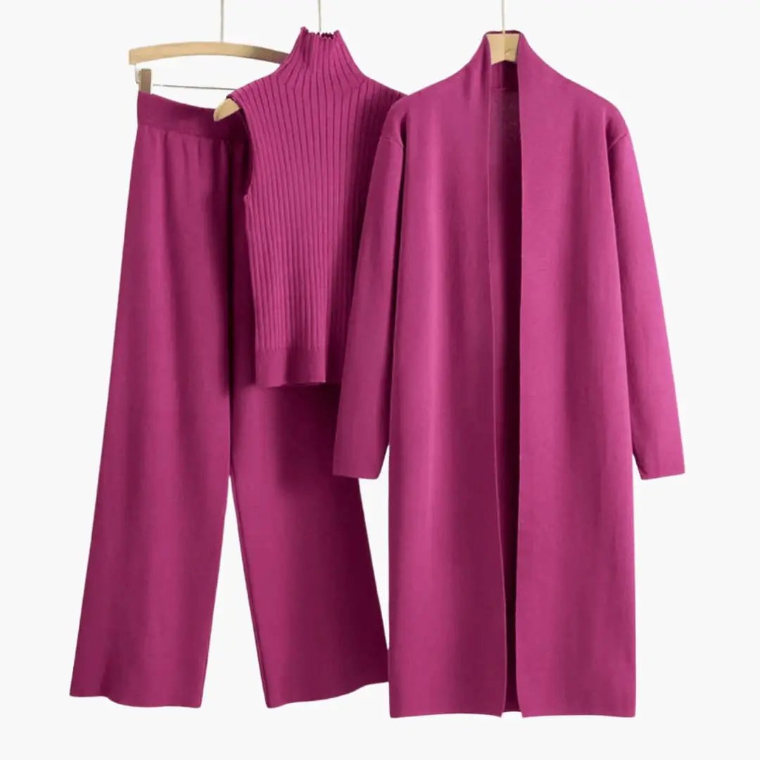 Wilfred Smith women's 3-piece knit set: open cardigan, sleeveless turtleneck top, and wide-leg pants in magenta.