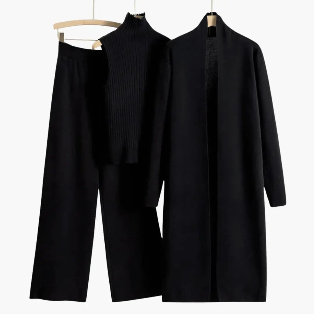 Women’s 3-piece black knit set with open-front cardigan, ribbed sleeveless top, and wide-leg pants
