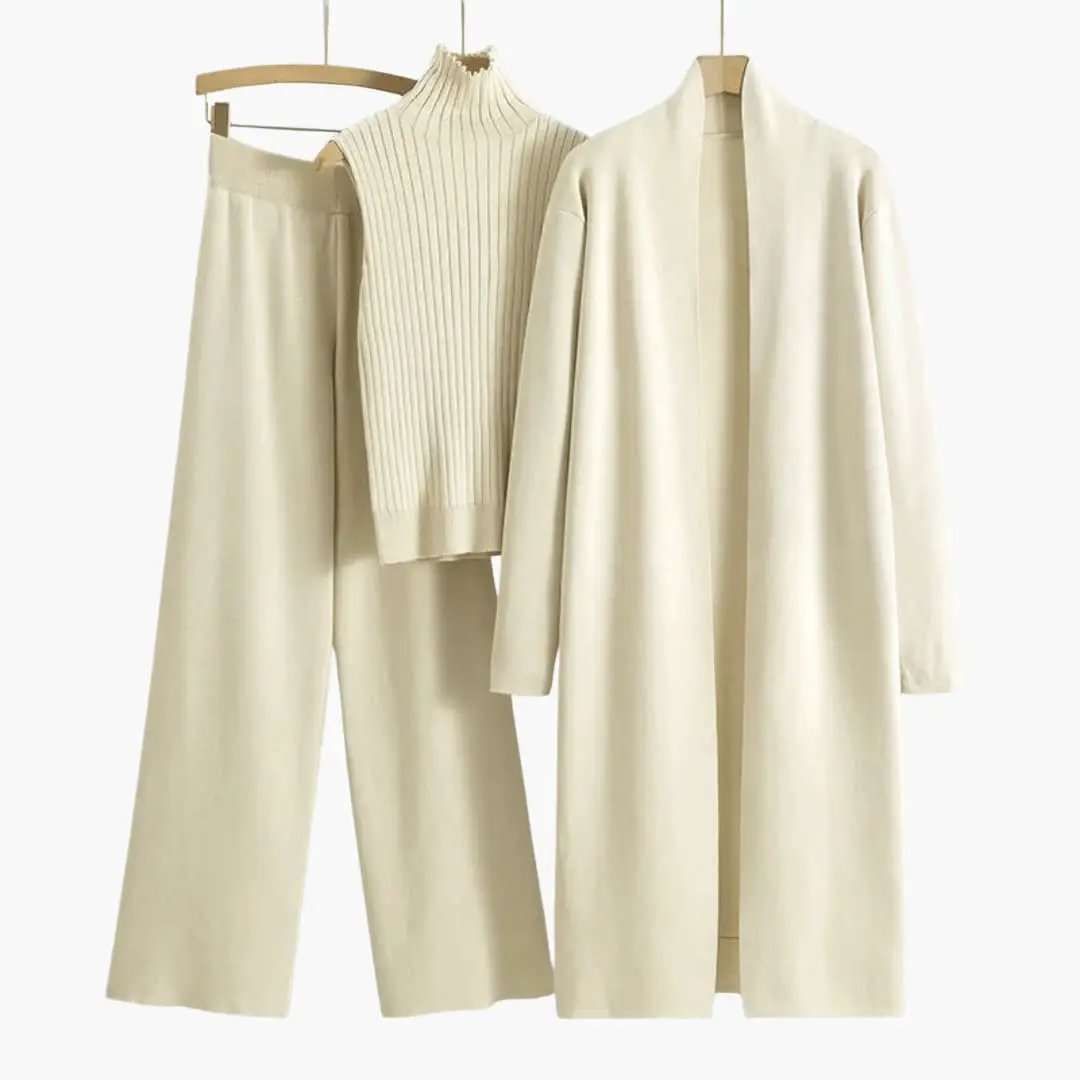 Wilfred Smith women’s 3-piece knit set: cream open-front cardigan, sleeveless ribbed top, and wide-leg pants