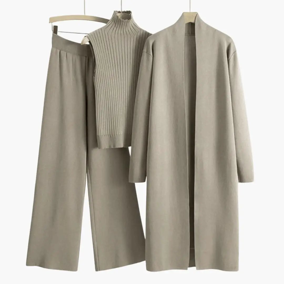 Women’s 3 Piece Knit Set by Wilfred Smith: open cardigan, sleeveless rib-knit top, and wide-leg pants in beige.