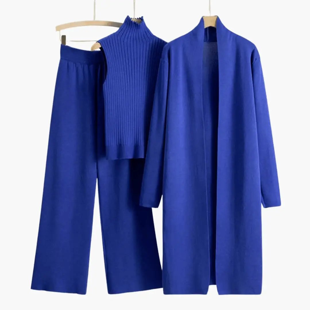 Women’s 3 Piece Knit Set in royal blue: open cardigan, sleeveless rib-knit top, wide-leg pants