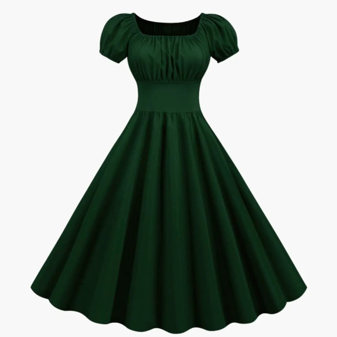 Women's A-Line Dress with Puff Sleeves in emerald green by Wilfred Smith