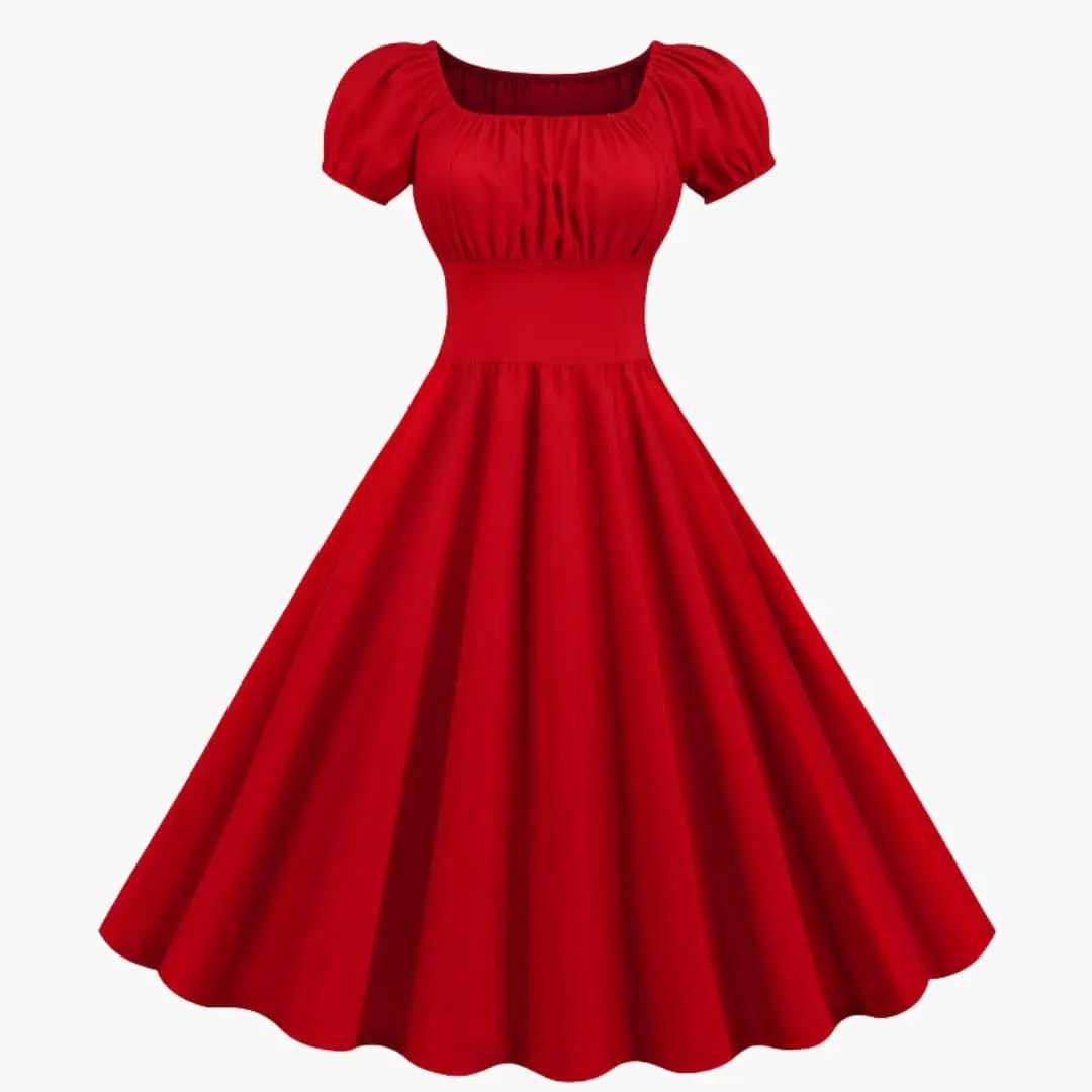 Women's red knee-length A-line dress with puff sleeves and wide waist band