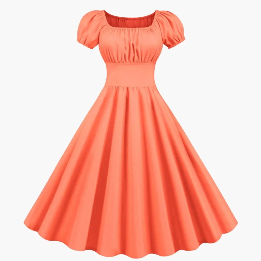 Women’s knee-length A-Line Dress with puff sleeves and a waist seam in coral
