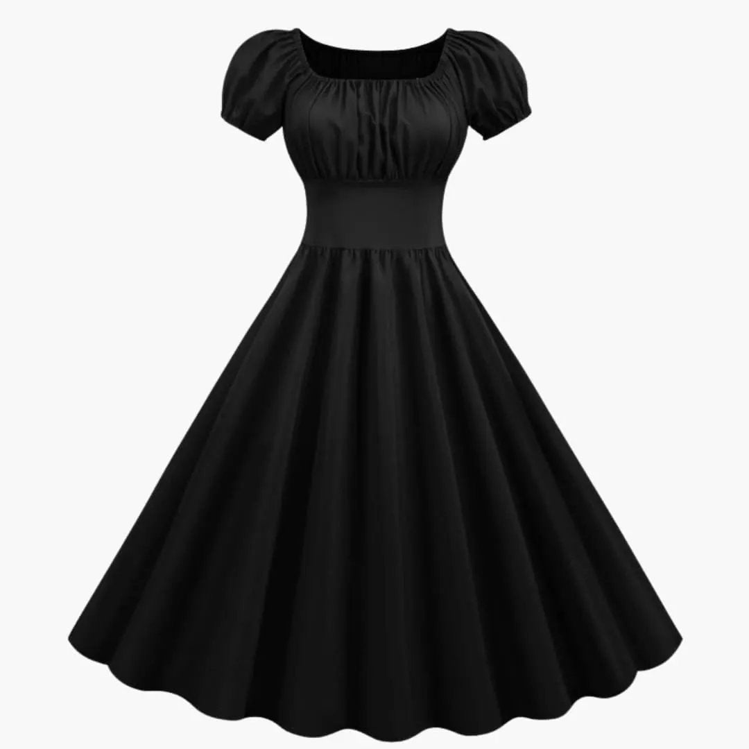 Women’s A-Line Dress with puff sleeves and waist seam in black, knee-length.