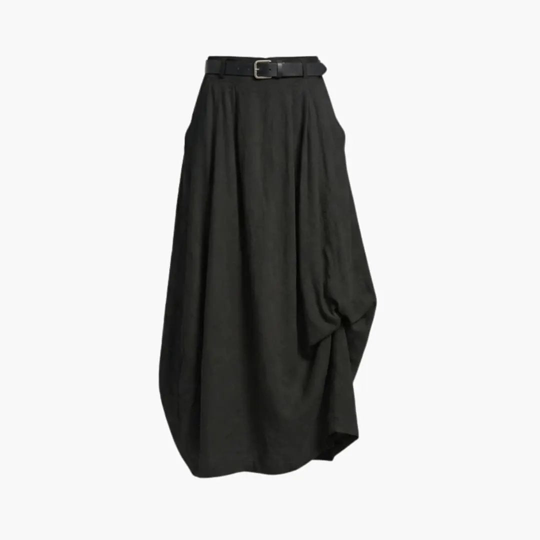 Women's A-Line Skirt with decorative seams and elastic waistband, black fabric with belt
