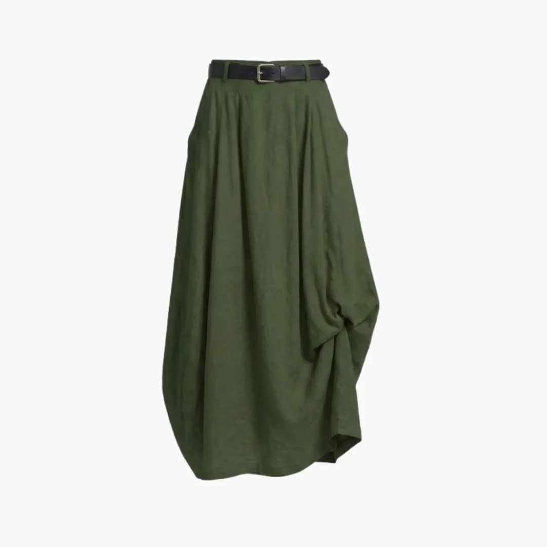 Women's A-line skirt in olive green with elastic waistband, decorative seams, and belt.