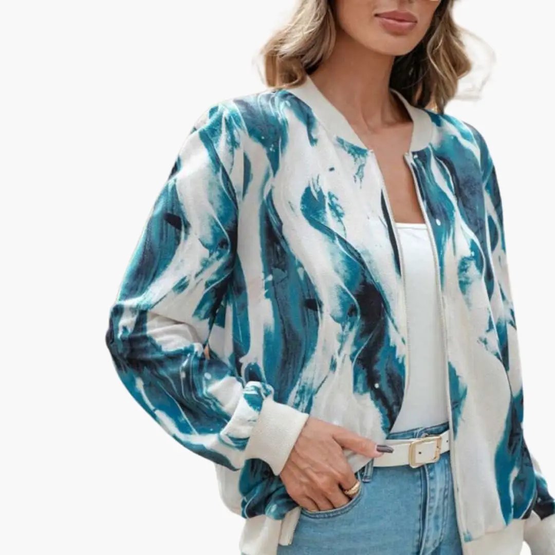 Women's bomber jacket with blue teal abstract print, front zip and elastic cuffs — Wilfred Smith.