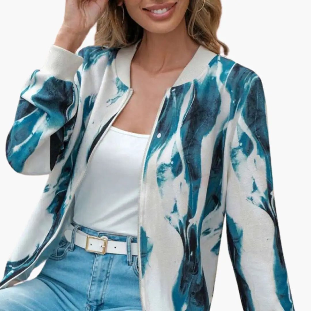 Wilfred Smith women's bomber jacket with abstract teal-blue print, front zip, elastic cuffs