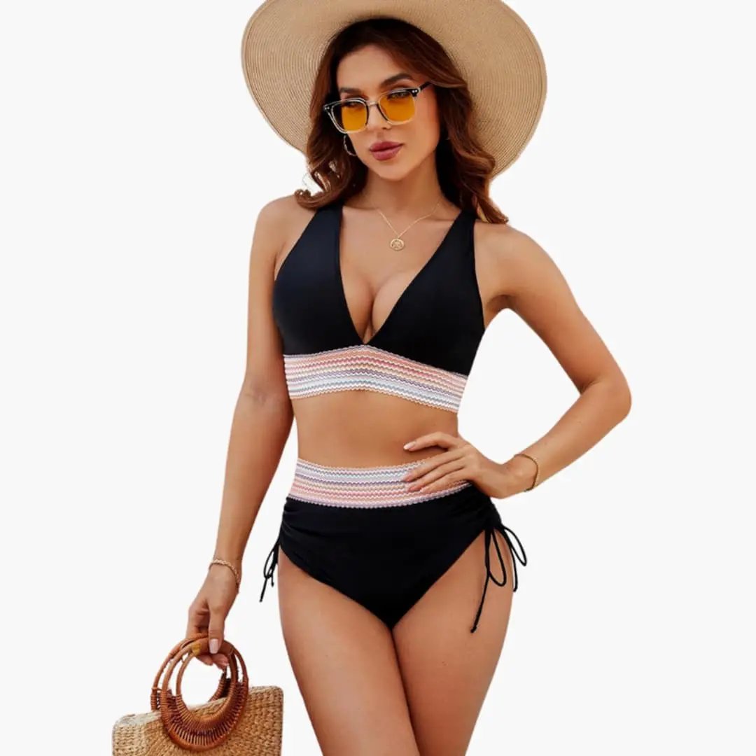 Women's adjustable two-piece bikini set with black top and tie-side bottoms; multicolor crocheted waistband.