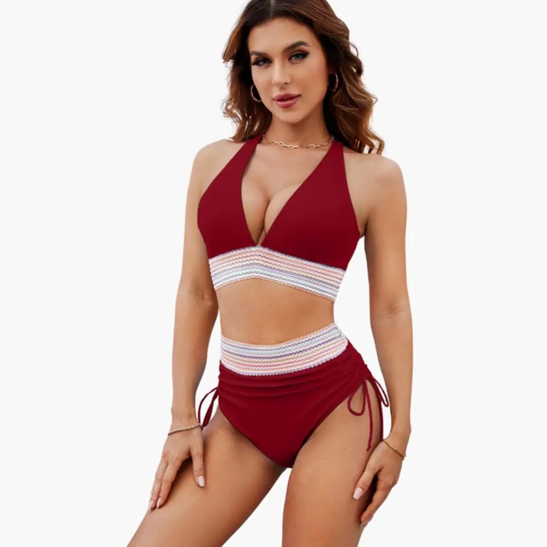 Women’s adjustable two-piece bikini set with tie-side bottom in red featuring white crochet waistband.
