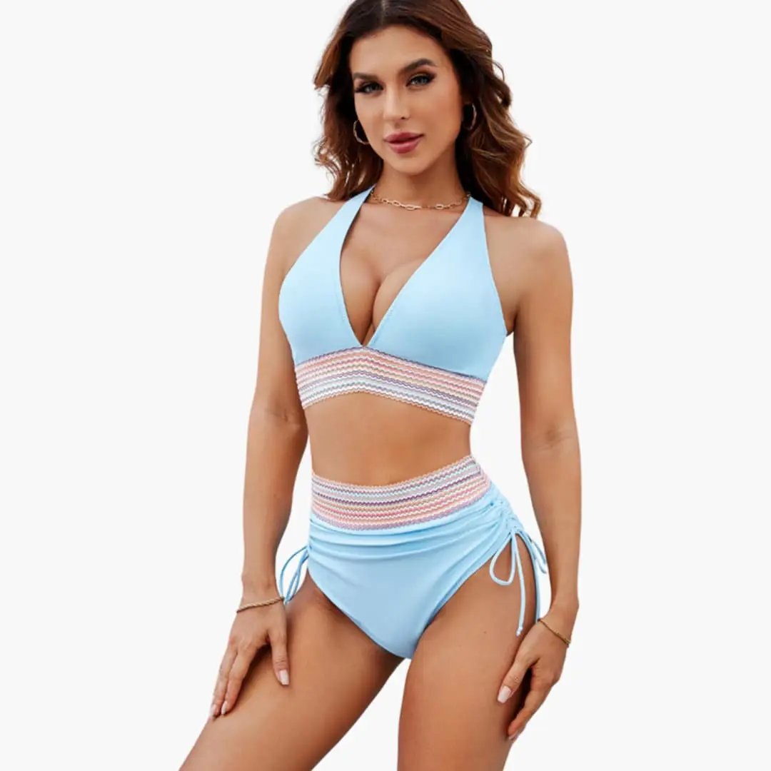 Women’s Adjustable Two-Piece Bikini Set with Tie-Side Bottom in light blue by Wilfred Smith, Classic Bikinis