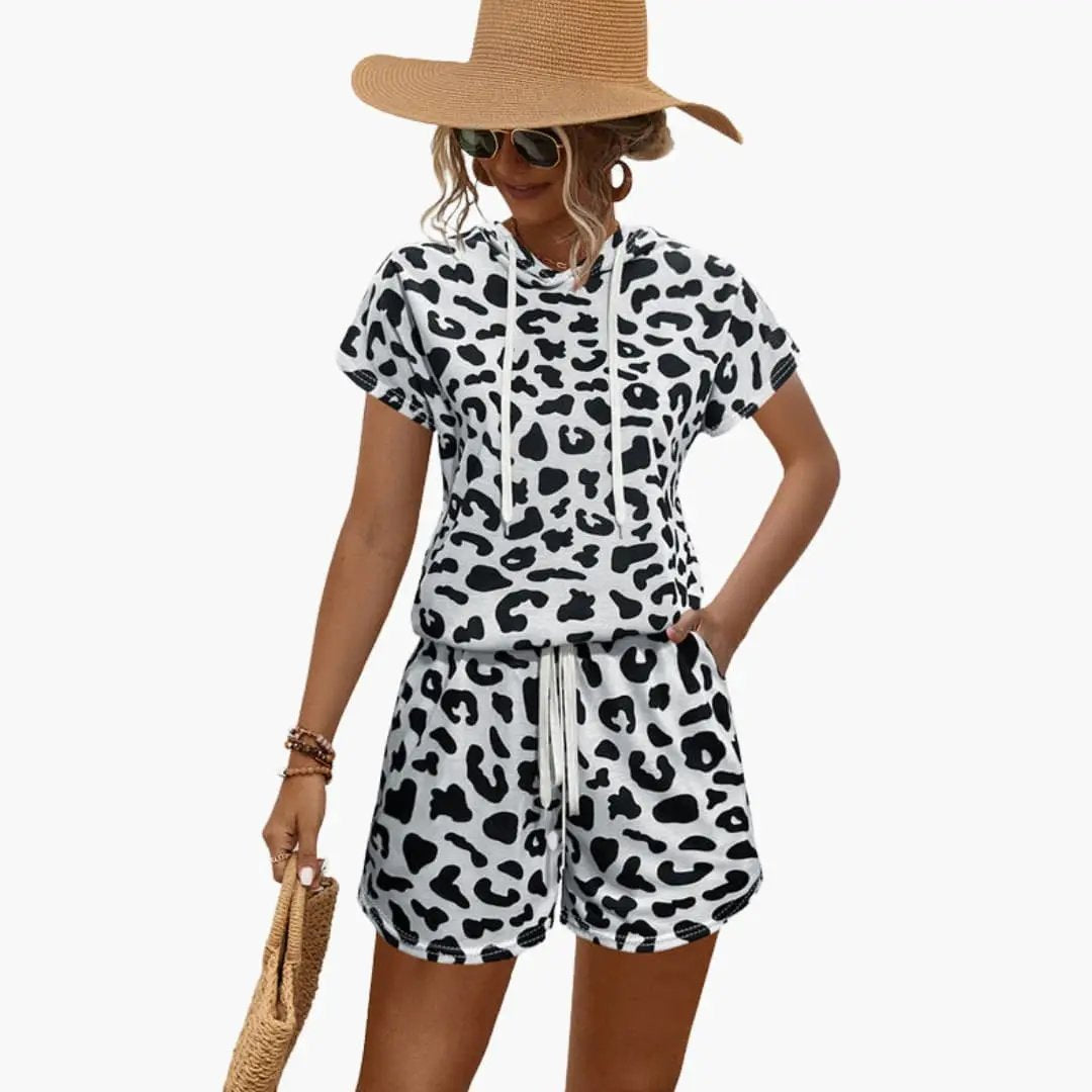 Wilfred Smith women's animal-print hooded top and shorts two-piece outfit set, black and white leopard pattern