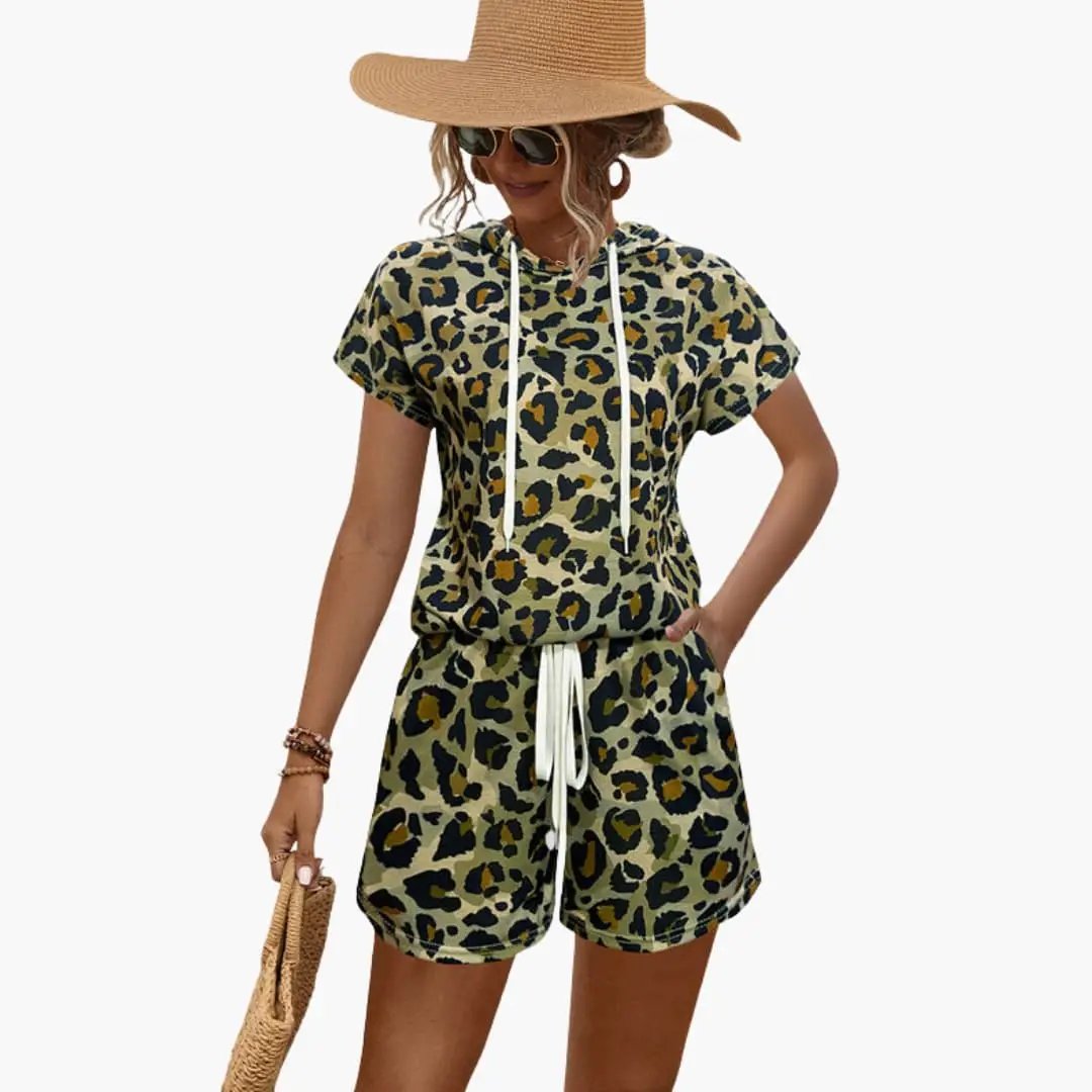 Women's two-piece set: animal-print hooded top and shorts in olive leopard print