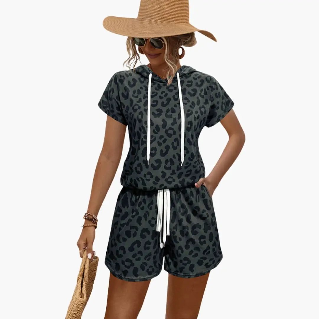 Women’s animal-print hooded top and shorts two-piece outfit in charcoal leopard print