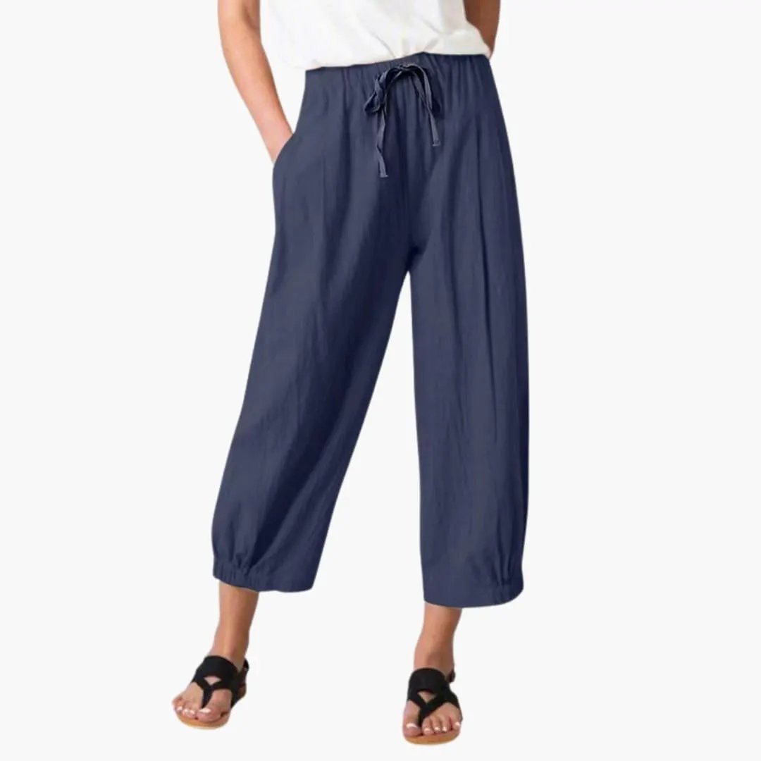 Women's ankle-length pants with elastic waist and drawstring, navy blue, Wilfred Smith trousers