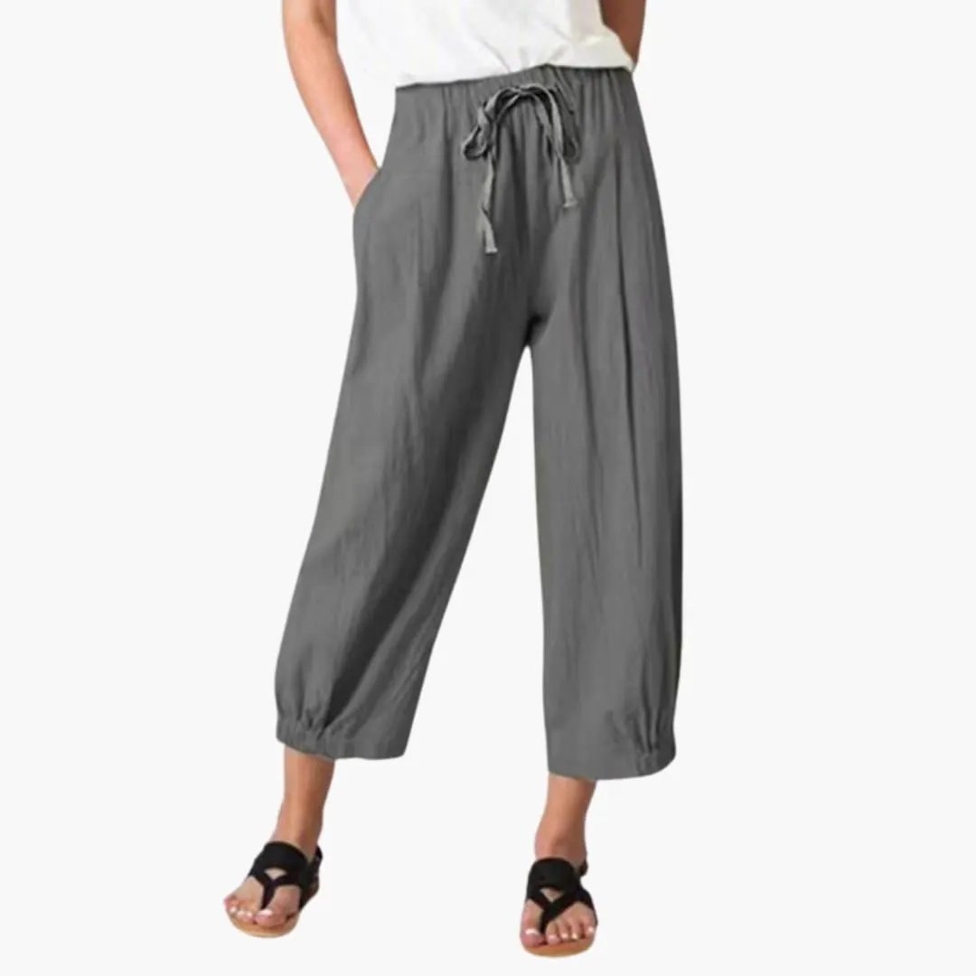 Women's ankle-length gray pants with elastic waist and drawstring