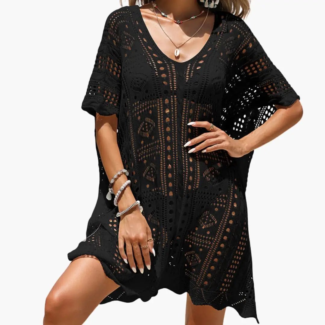 Women's crochet beach dress with V-neck in black by Wilfred Smith