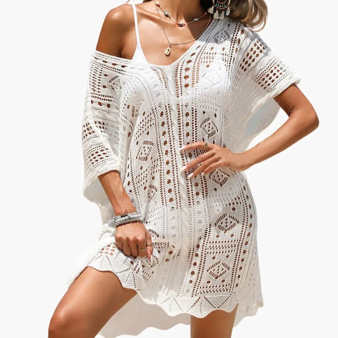 Women's white crochet beach dress with V-neck, lightweight summer cover-up