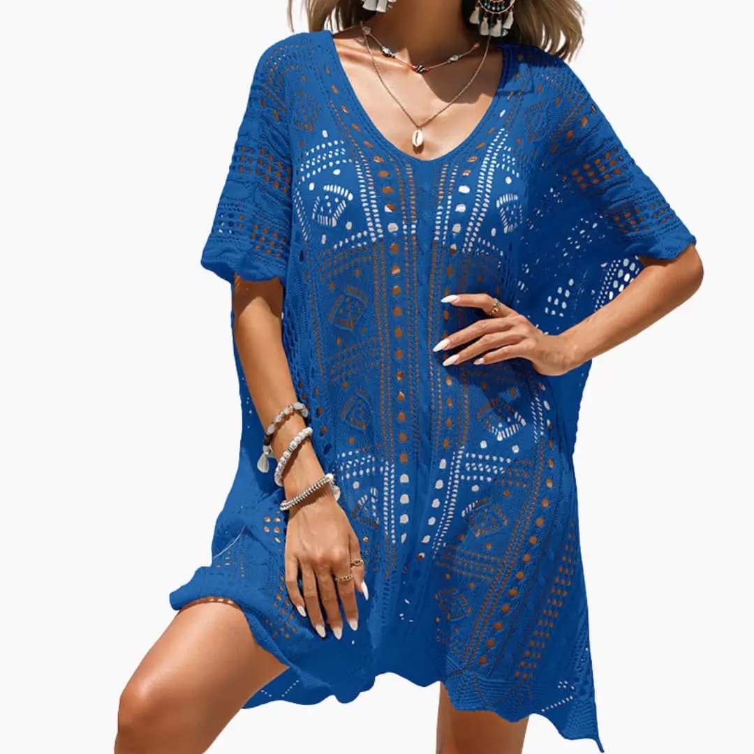 Women’s crochet beach dress with V-neck in blue, airy knit pattern, short sleeves