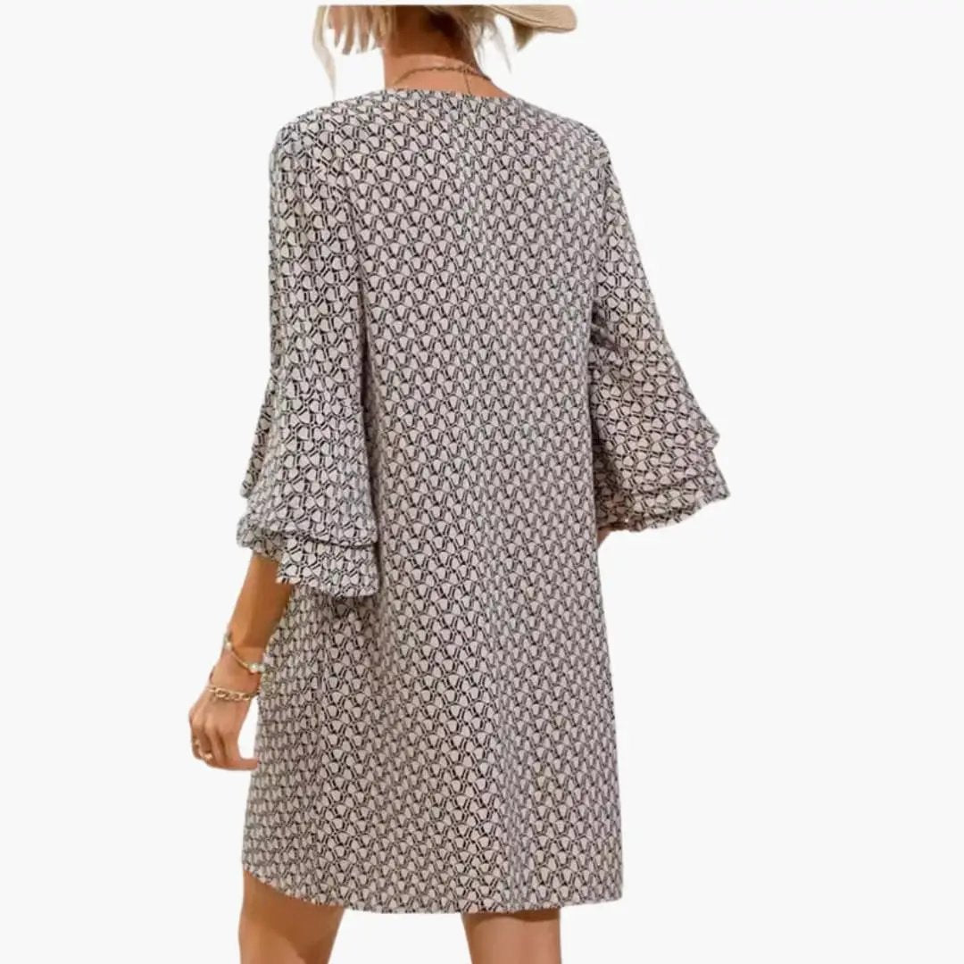Women’s Beach Dress with V Neck and Wide Sleeves by Wilfred Smith, knee-length beige geometric print