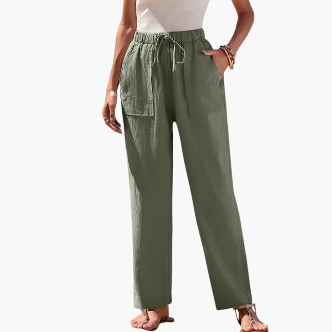 Women's beach trousers in olive green with elastic drawstring waist and side pockets