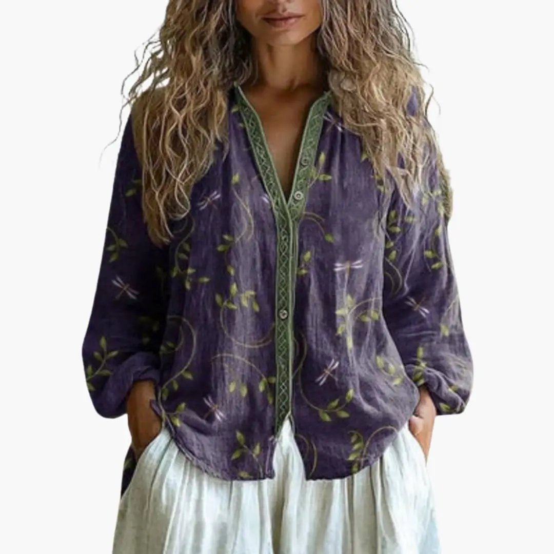 Wilfred Smith women's blouse with button closure; purple long-sleeve top with green embroidered trim.