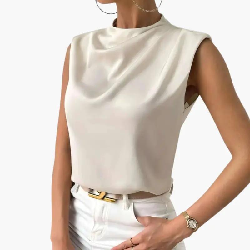 Women's sleeveless blouse in cream with a round neckline
