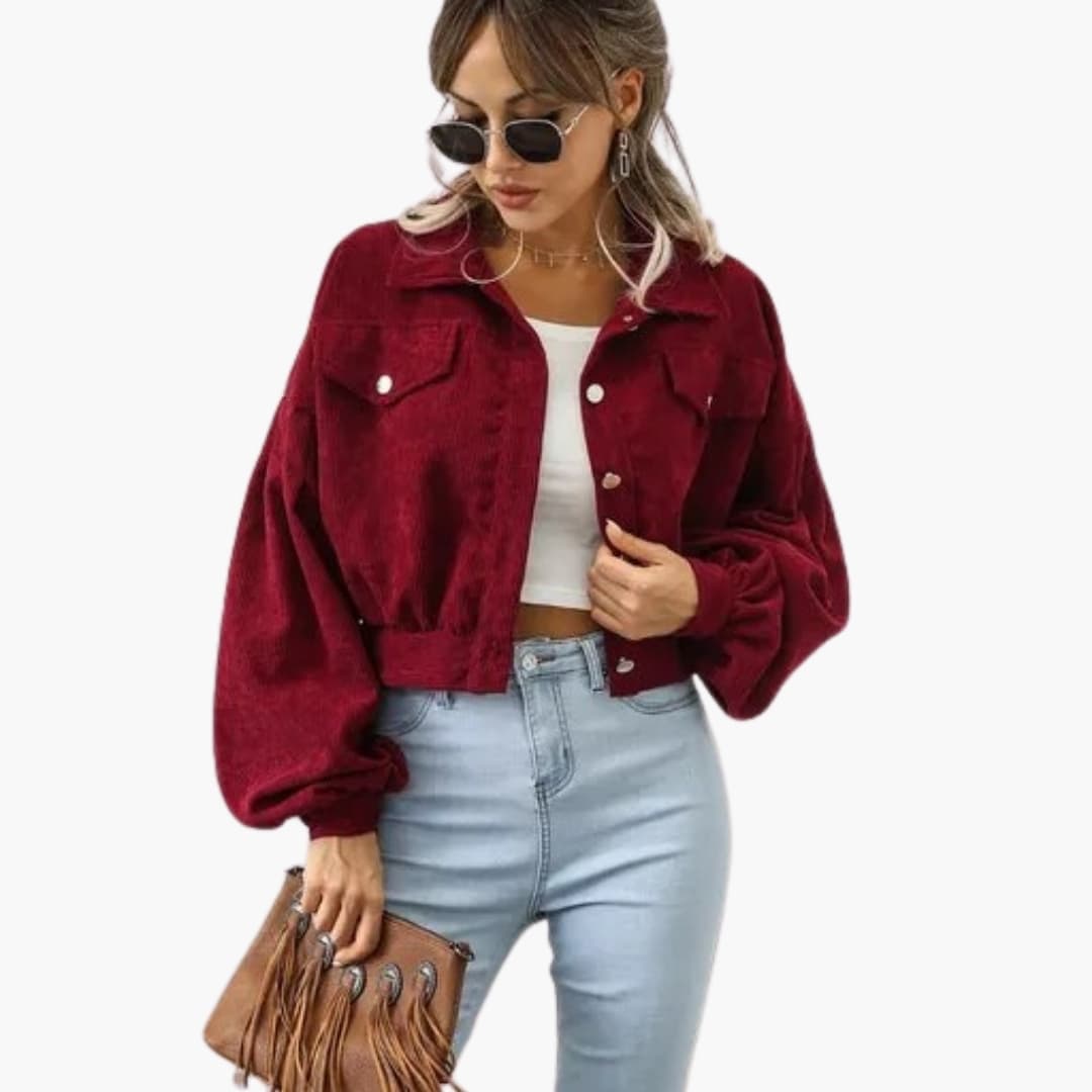 Women's bomber jacket, red cropped style with oversized sleeves and two chest pockets.