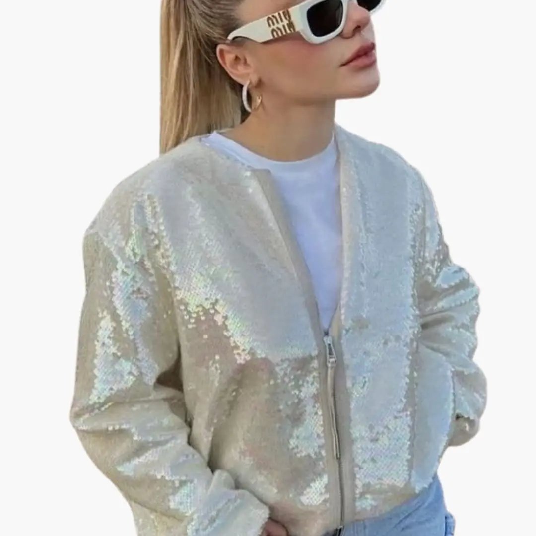 Women's bomber jacket with iridescent sequins and front zipper