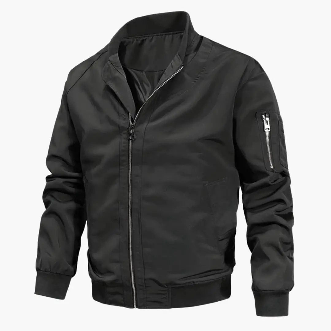 Women's bomber jacket with stand-up collar, black shell