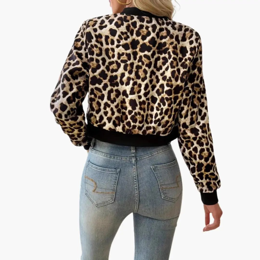Women’s leopard print bomber jacket with pockets, back view; black ribbed cuffs and hem