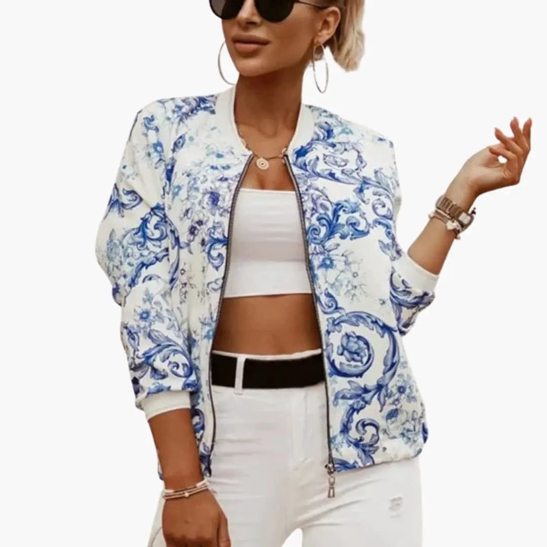 Wilfred Smith Women’s bomber jacket in white with blue floral print, front zip-round collar and side pockets