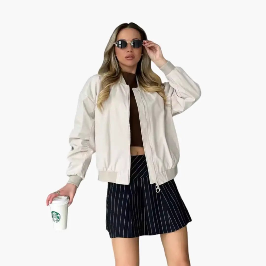 Women’s bomber jacket beige with elastic cuffs and front zipper by Wilfred Smith
