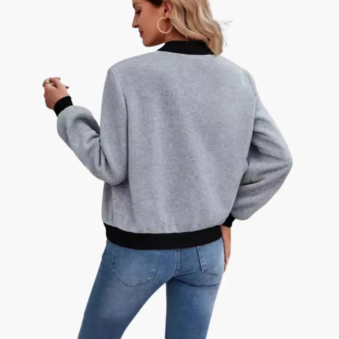 Women’s bomber jacket in light gray with black ribbed collar and cuffs