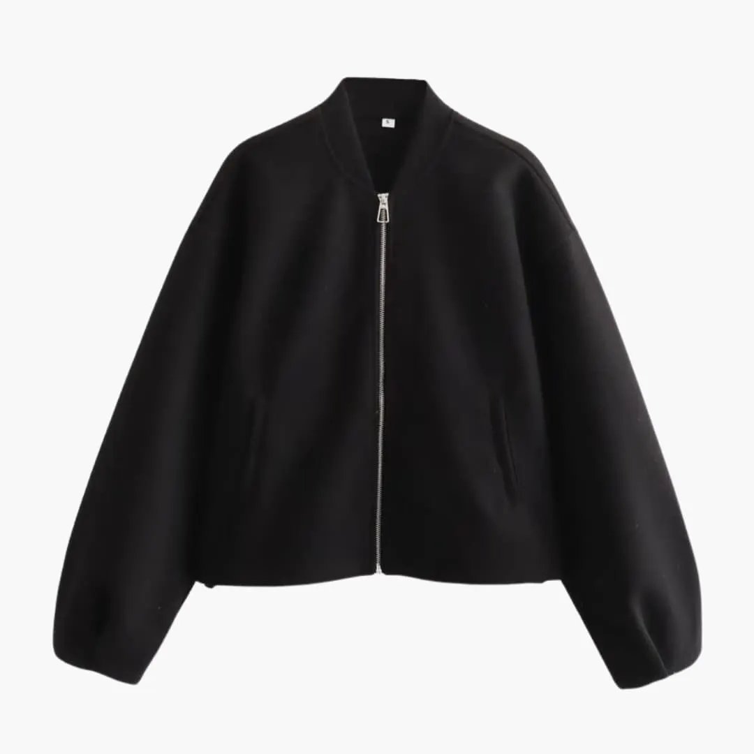 Women's bomber jacket by Wilfred Smith, black zip-front with side pockets