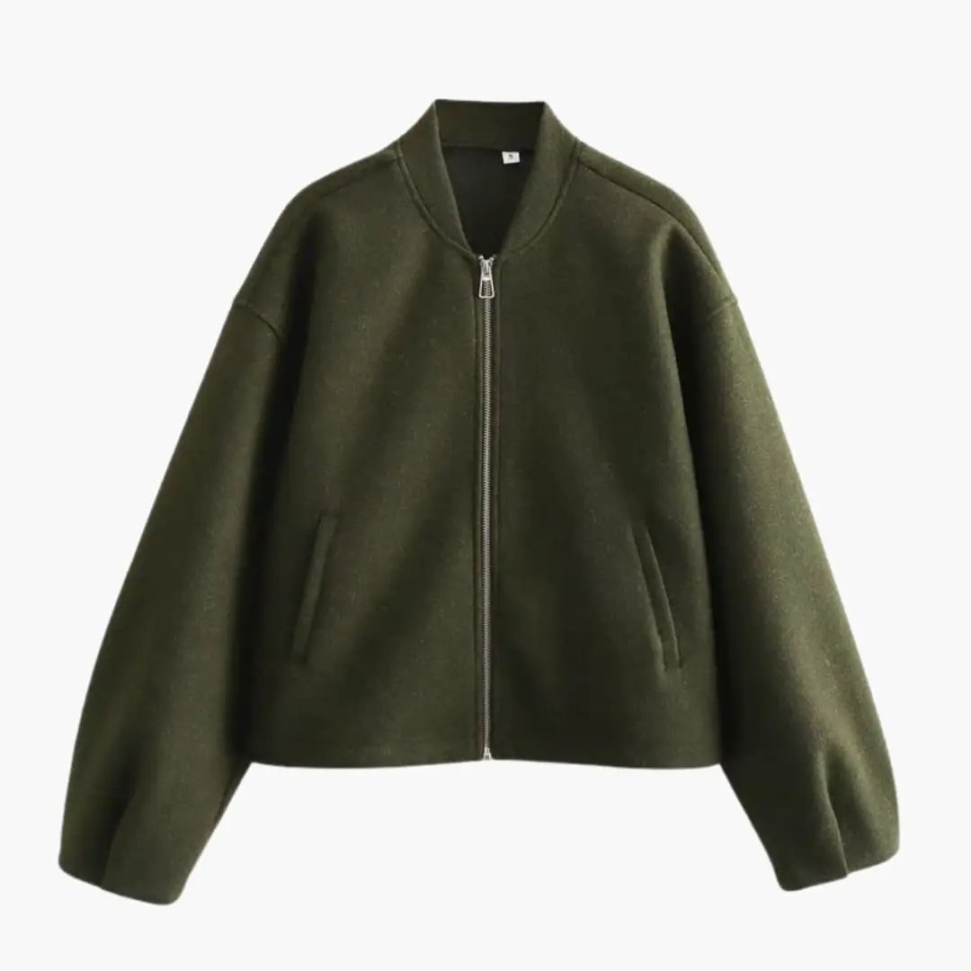 Women’s bomber jacket olive green with zip front and side pockets by Wilfred Smith