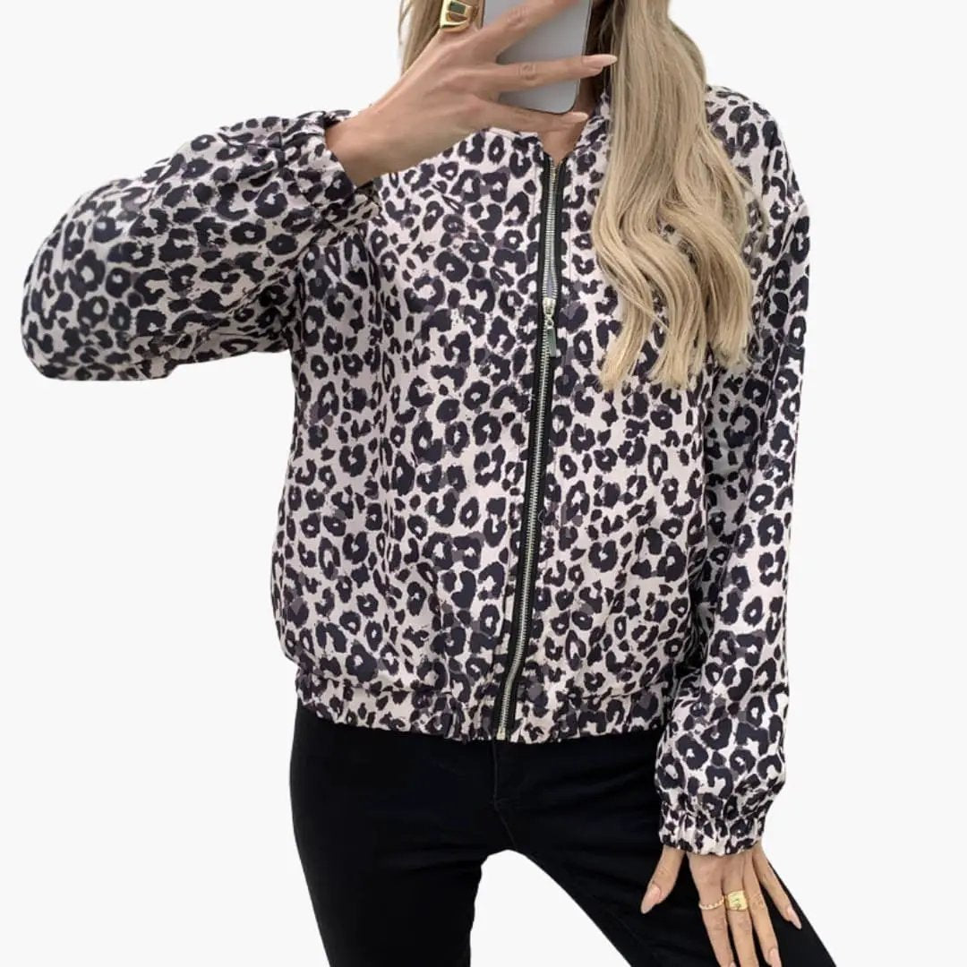 Women’s leopard print bomber jacket with front zip and elastic cuffs
