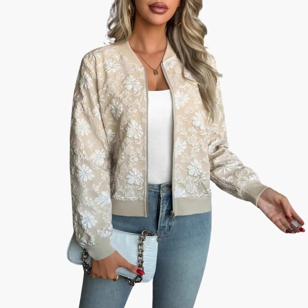 Women's bomber jacket with floral embroidery in beige, zip front, ribbed cuffs and hem.