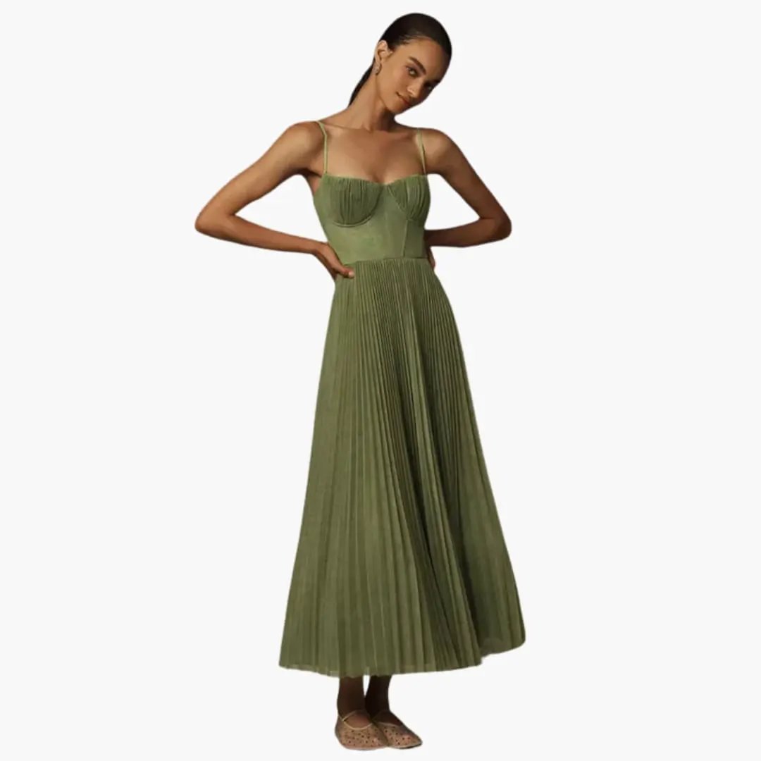 Women's bustier midi dress in olive green with a sleeveless design and ruffled tulle skirt.