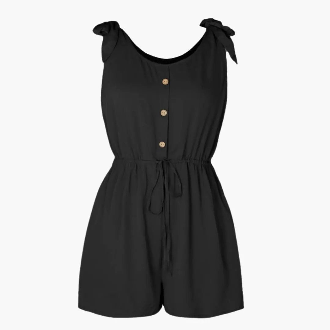 Women’s Button Front Jumpsuit with Waist Tie, black sleeveless one-piece by Wilfred Smith