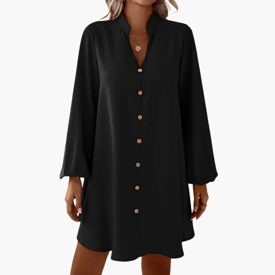 Women’s Button Front Short Dress with Puff Sleeves and Defined Waist by Wilfred Smith, black fabric