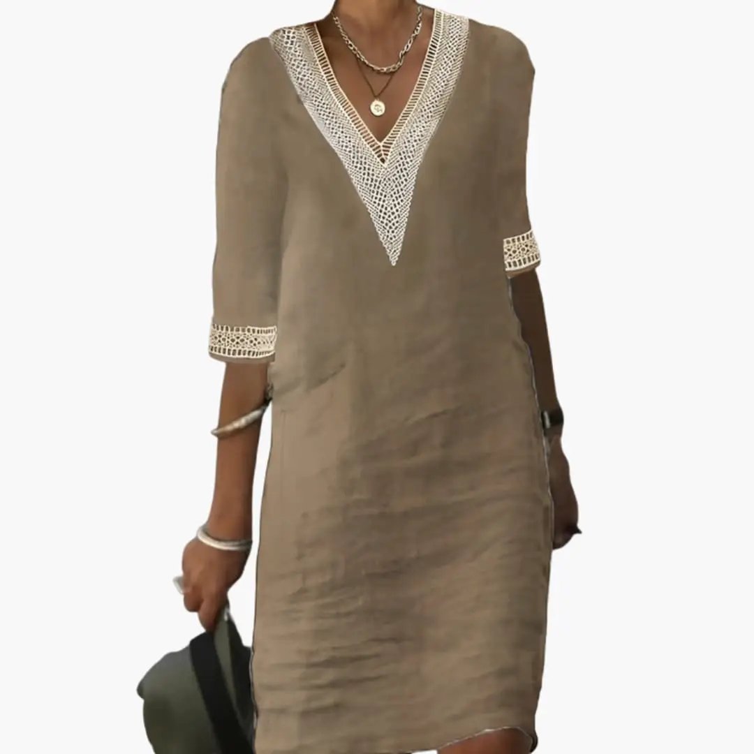 Women's Button Front Waist Dress by Wilfred Smith in taupe with white crochet V-neck and short sleeves