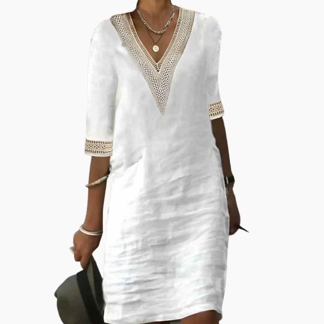 Women's Button Front Waist Dress by Wilfred Smith, white linen-look fabric with crochet V-neck and short sleeves.