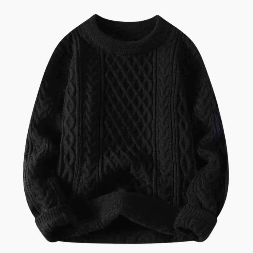 Women's cable-knit sweater by Wilfred Smith, black with round neck and long sleeves.