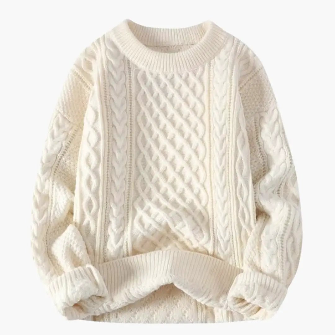 Women's Cable Knit Sweater by Wilfred Smith, cream, round-neck, long sleeves