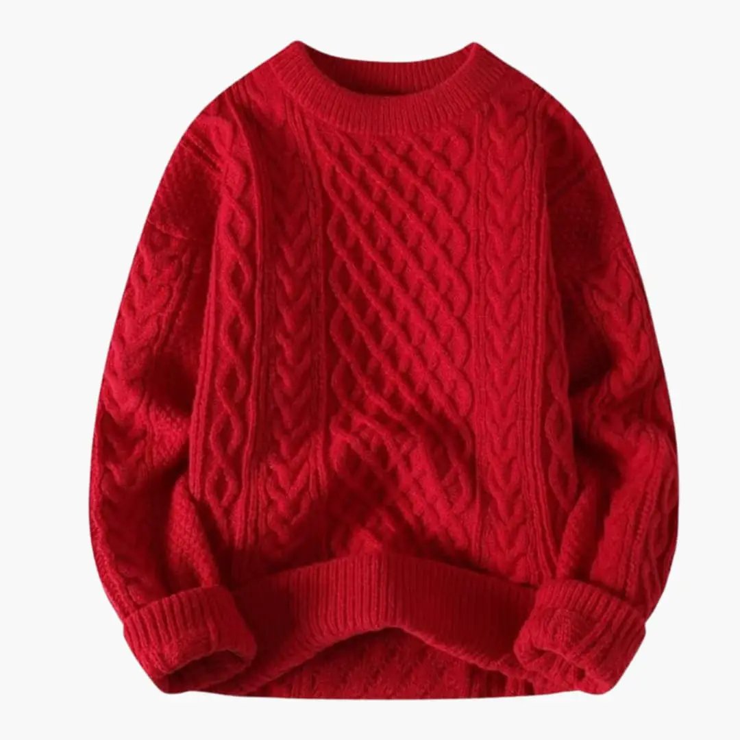 Women's round-neck red cable-knit sweater with long sleeves by Wilfred Smith