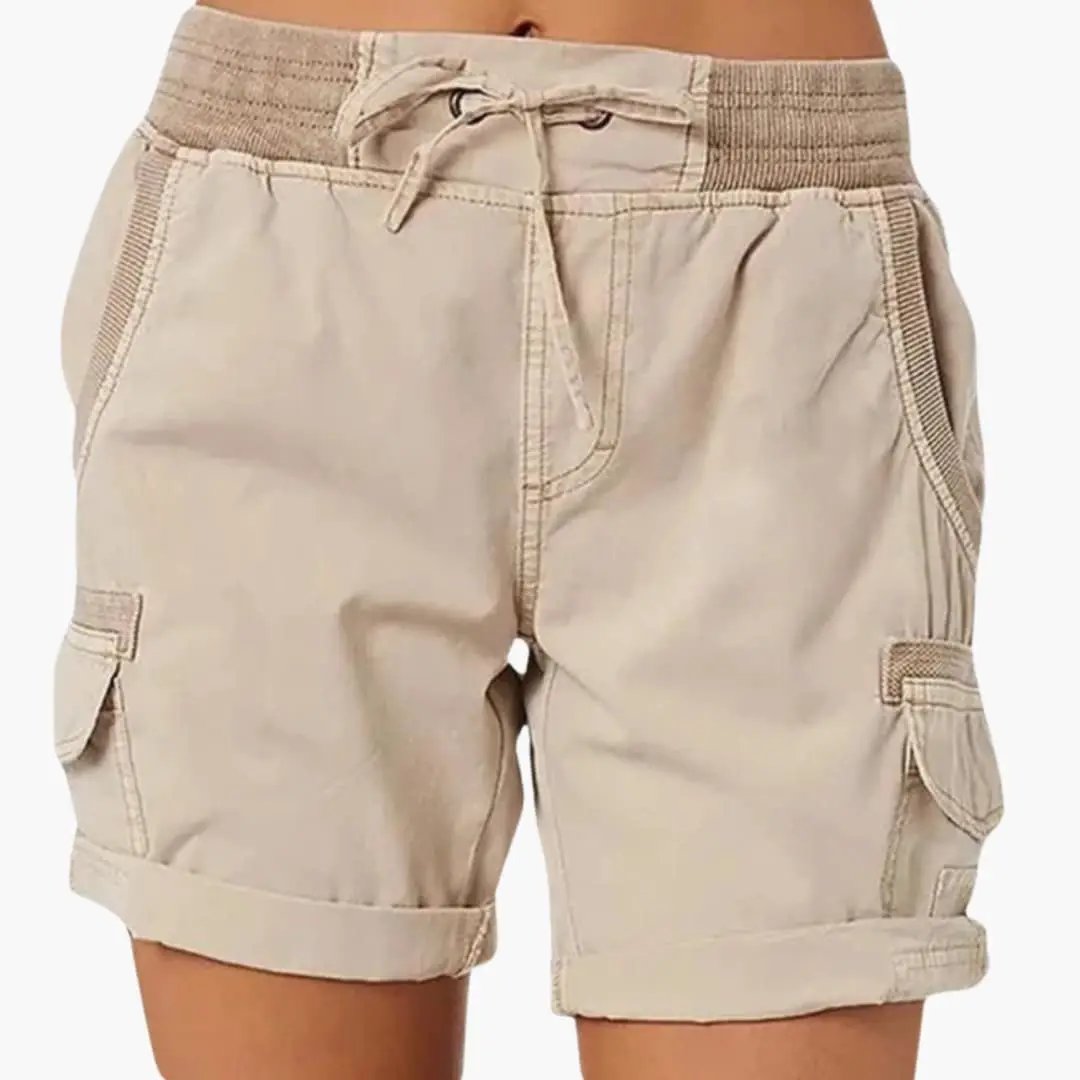 Women's Cargo Shorts by Wilfred Smith, beige loose-fit with drawstring waist and cargo pockets