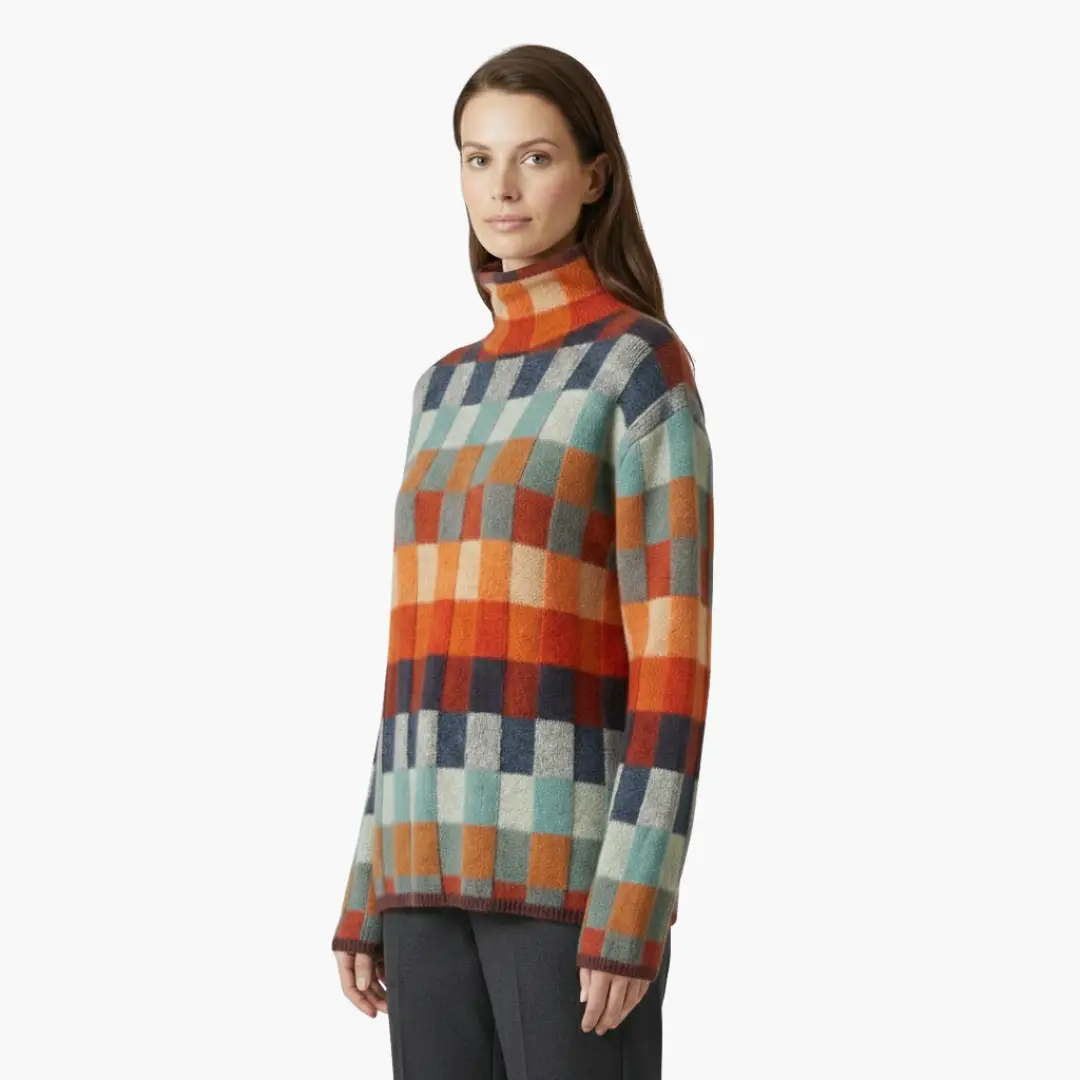 Women's checkered knit turtleneck sweater, multicolor blocks